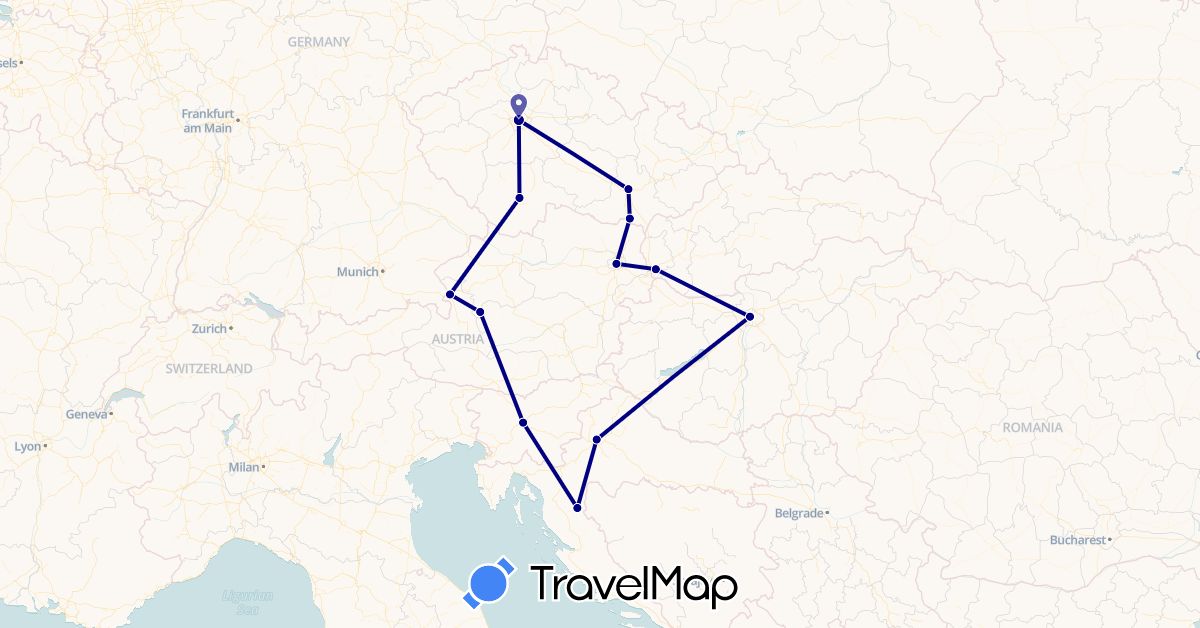 TravelMap itinerary: driving in Austria, Czech Republic, Croatia, Hungary, Slovenia, Slovakia (Europe)